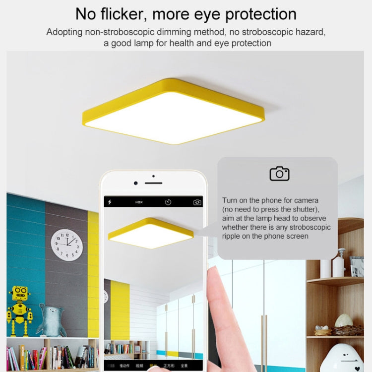 LED square ceiling lamp with yellow frame and frosted panel, no-flicker design
