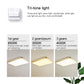 Tri-tone LED square ceiling lamp showing cool, neutral and warm light glow