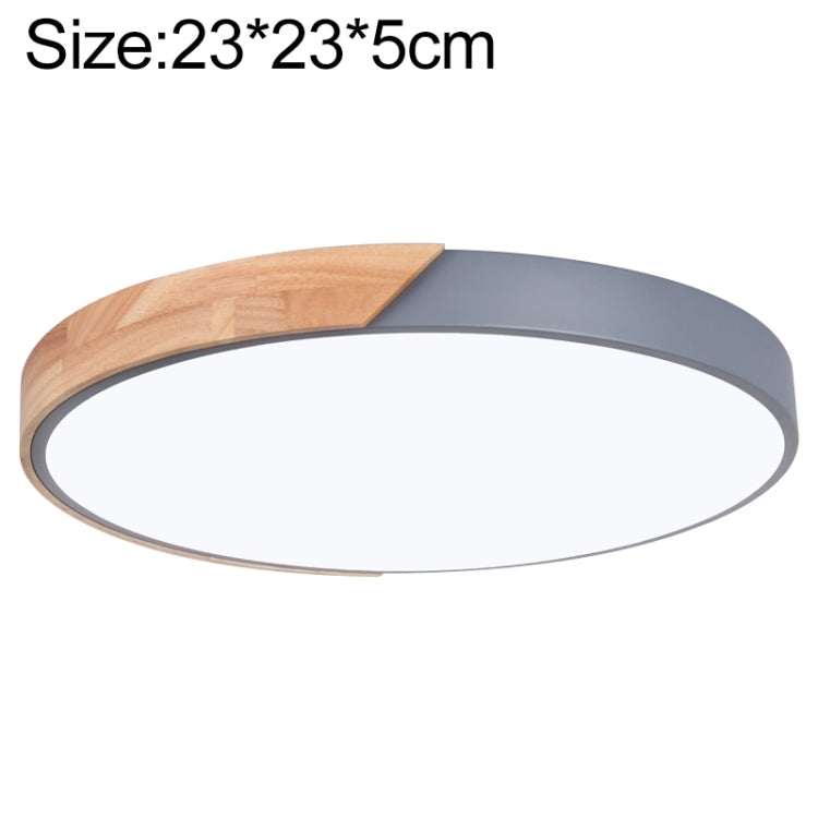 Round LED ceiling lamp with wood accent and gray outer ring