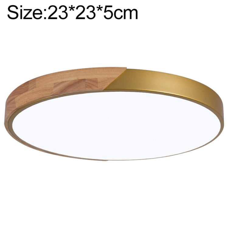 Round LED ceiling lamp with wood accent and gold outer ring