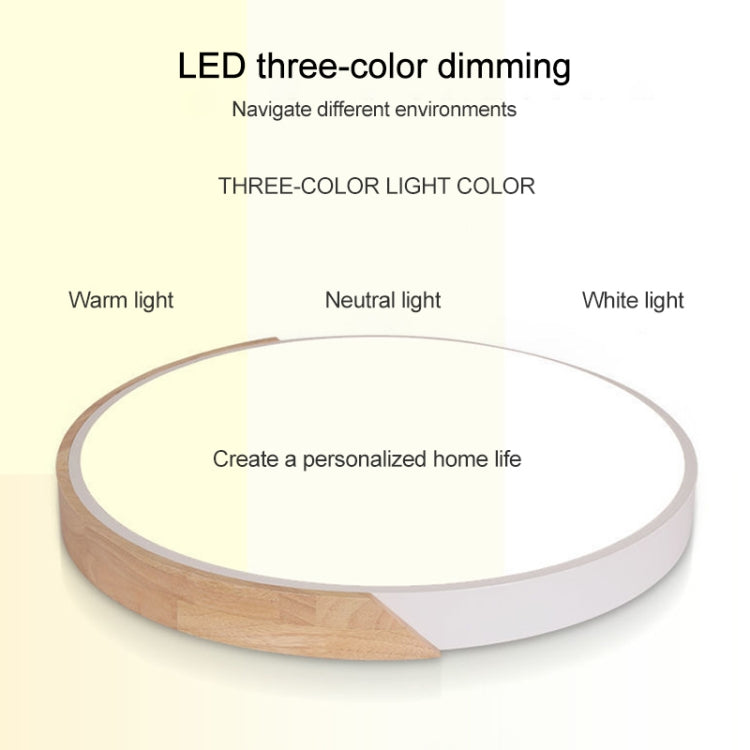 Round LED ceiling lamp showing three light tones: warm, neutral, and white.