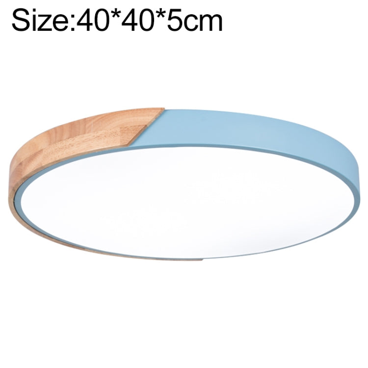 Round LED ceiling lamp with wood accent, light blue rim, 40cm wide