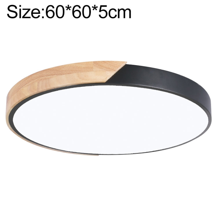 Round LED ceiling lamp with wood trim, 60 cm, dark outer ring and white diffuser.