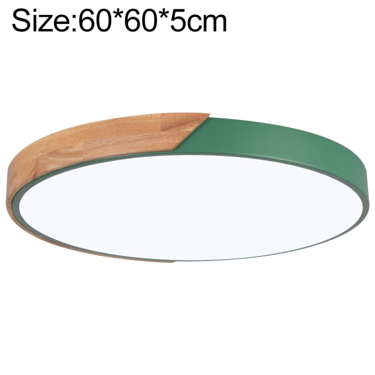 Round LED ceiling lamp with wood trim, 60 cm, green outer ring and white diffuser.