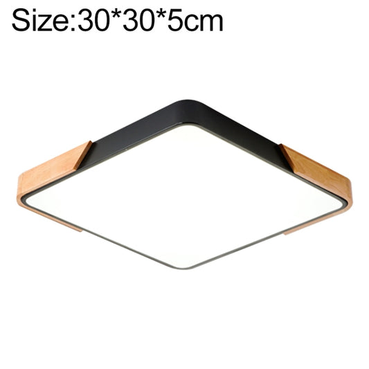 Square LED ceiling lamp with wood accents, black frame, 30x30cm