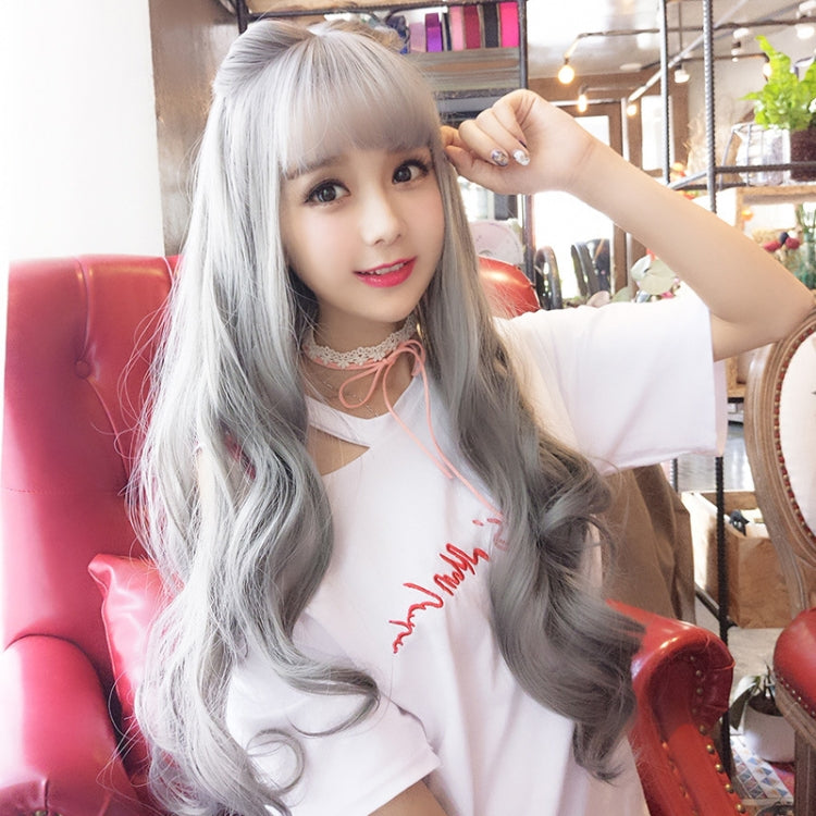 Long curly hair wig with bangs, gray-silver, long wavy hair