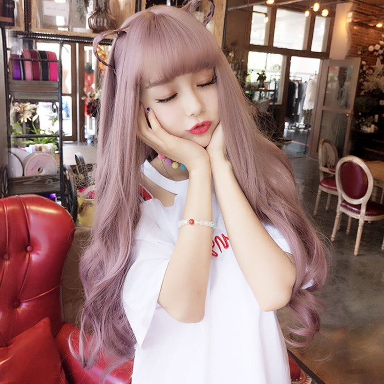 Long curly hair wig with bangs, mauve-pink, long flowing waves