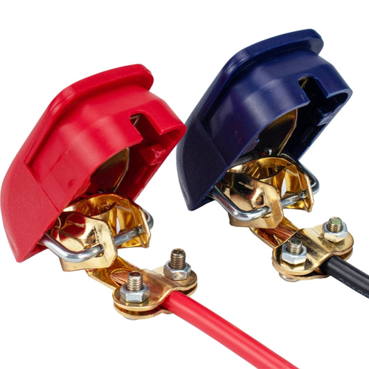 Car quick-pull battery terminal connectors, A2897 pair; red and blue covers with copper posts