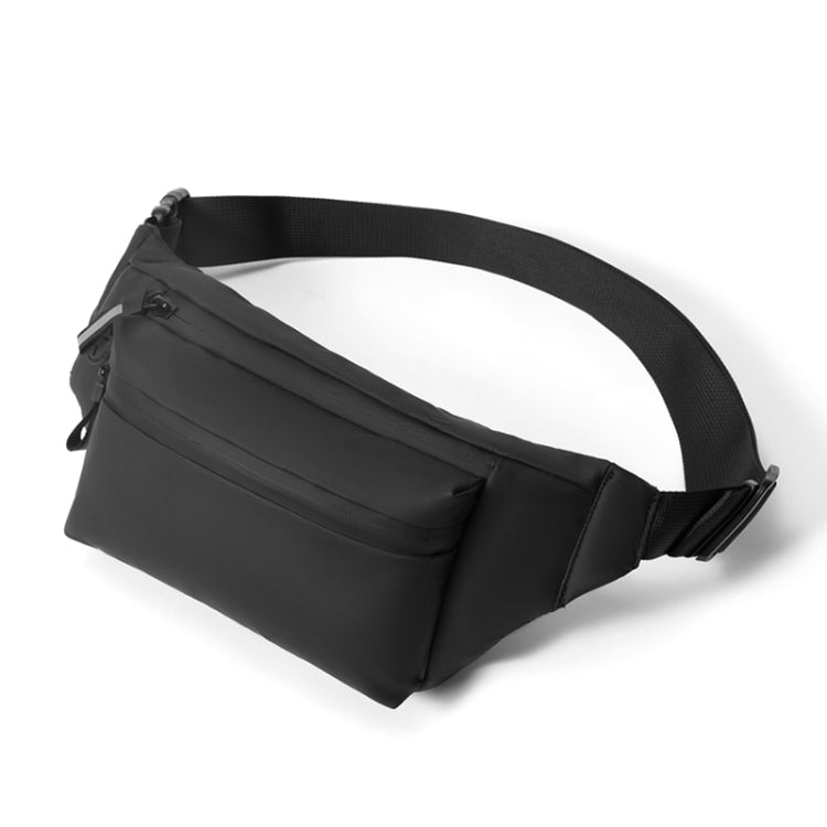 Black adjustable oxford waist bag with zippered front pocket and web belt