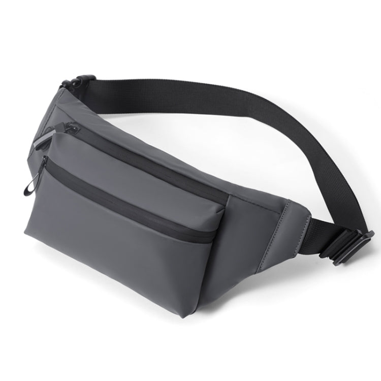 Grey adjustable oxford waist bag with zippered front pocket and web belt