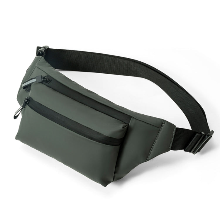 Dark green adjustable oxford waist bag with zippered front pocket and web belt