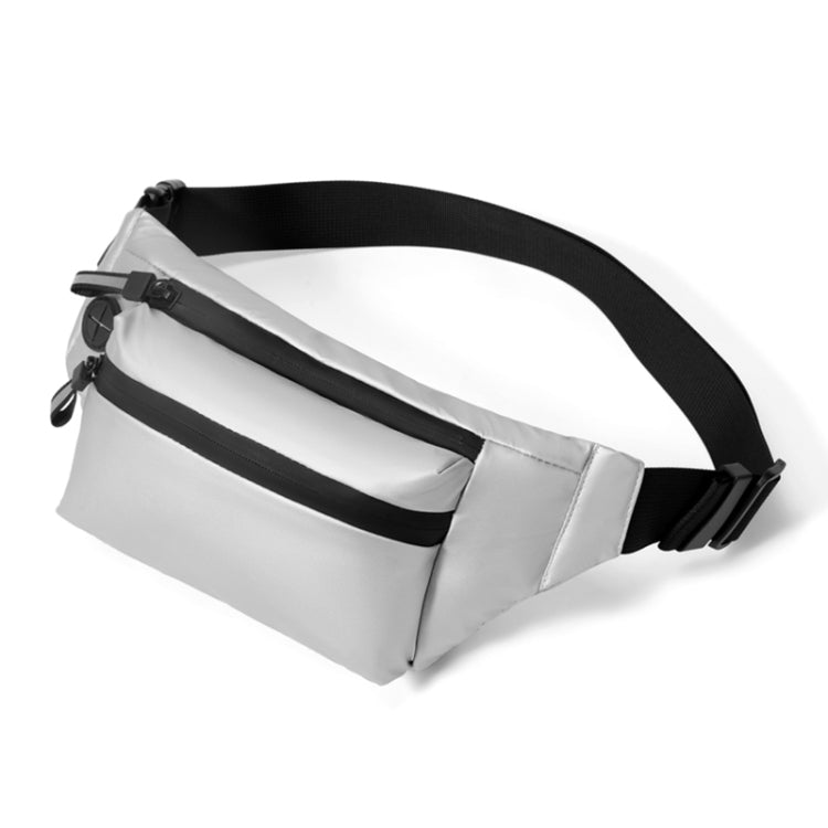 Silver adjustable oxford waist bag with zippered front pocket and web belt