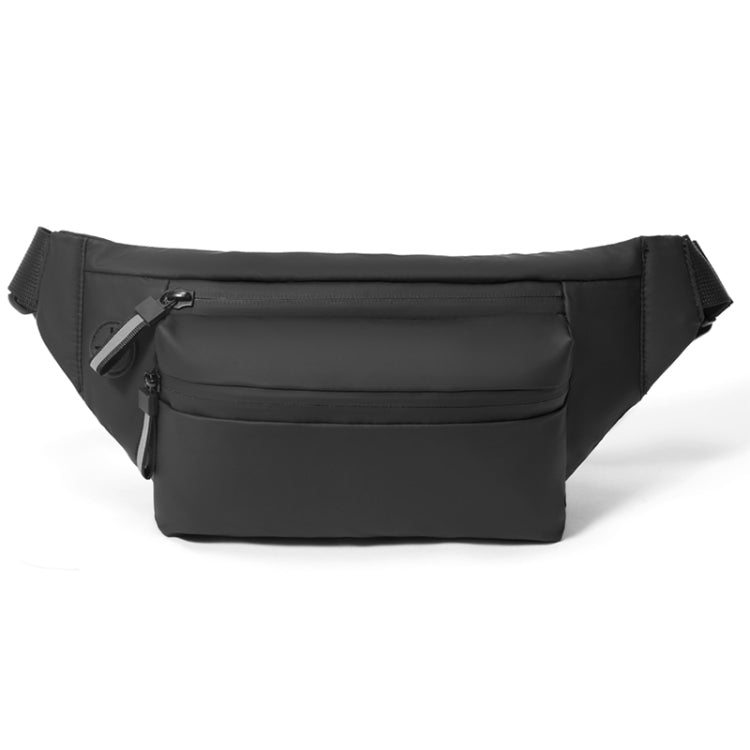Black adjustable oxford waist bag with front zip pocket and adjustable strap