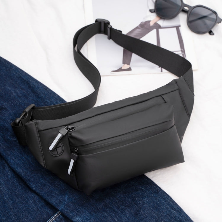 Black waist bag with zippered front pocket and adjustable web strap