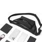 Black waist bag with adjustable strap, holding phone and card essentials