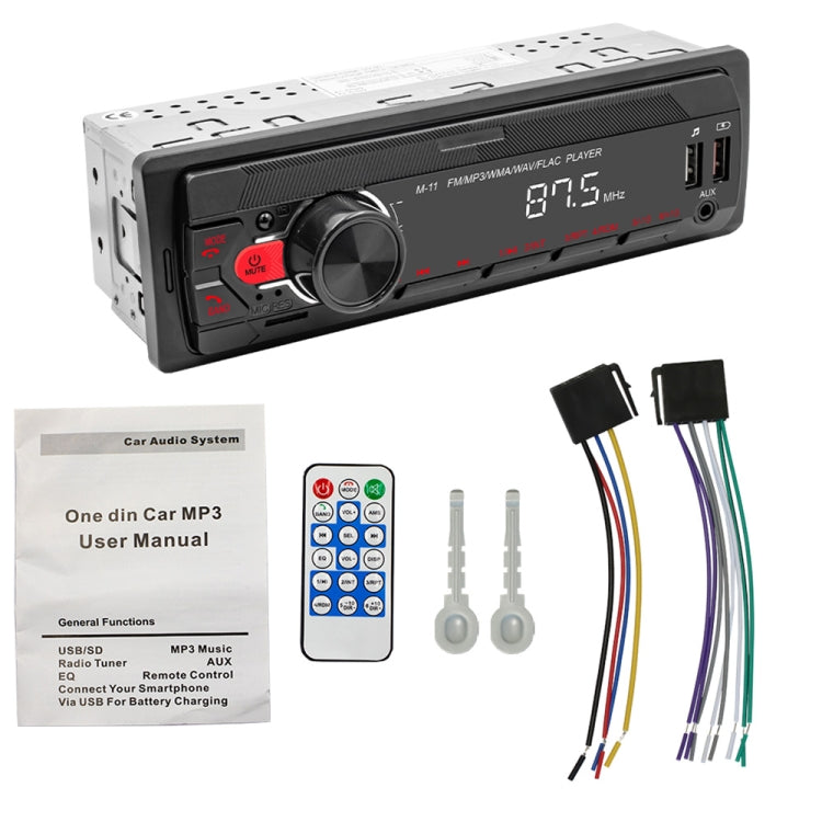 Car Bluetooth MP3 player bundle with wiring harness, remote control, and user manual