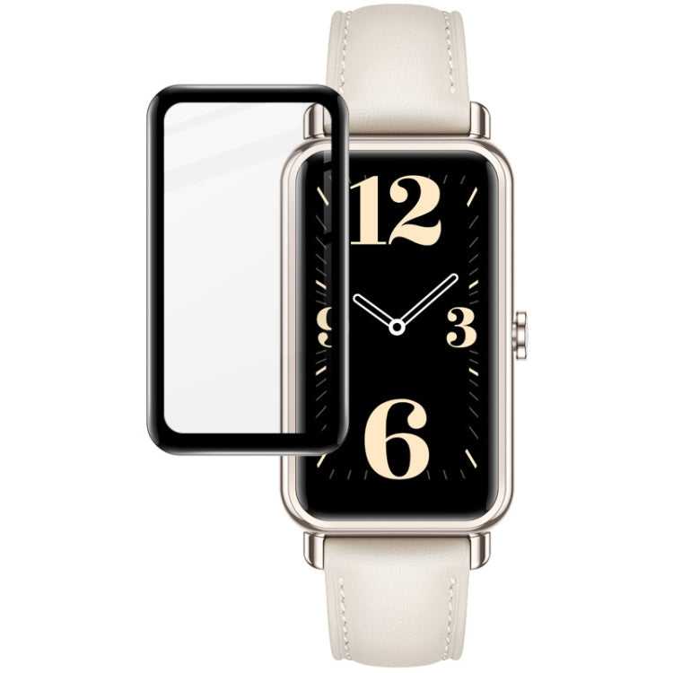Clear screen protector film on gold smartwatch with dark display