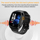 Black smart watch with round display showing numbers and a blue waveform screen