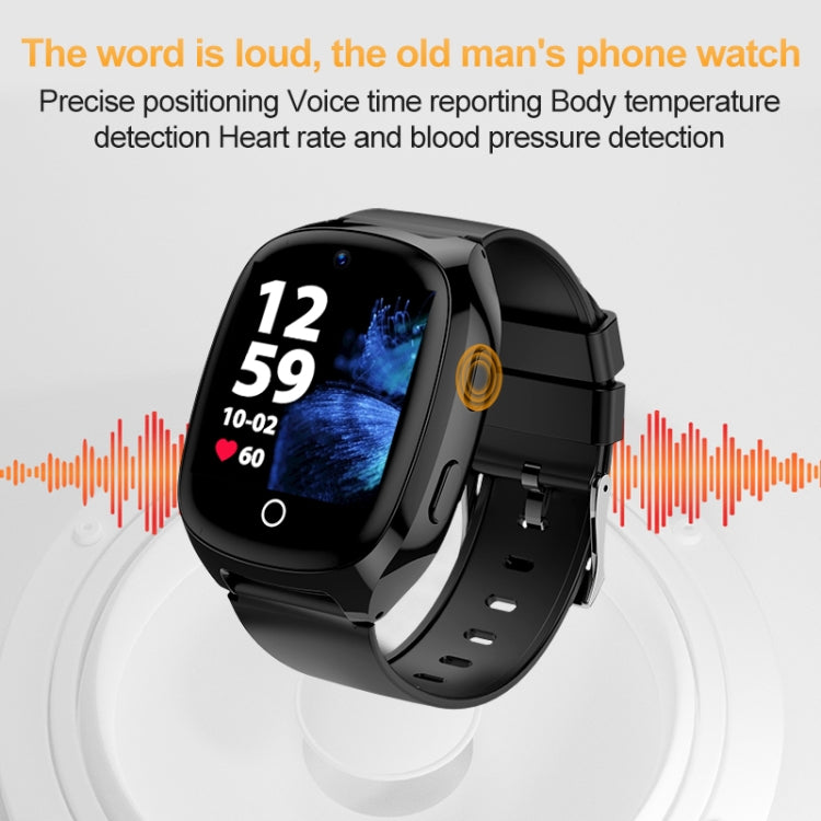 Black smart watch with round display showing numbers and a blue waveform screen