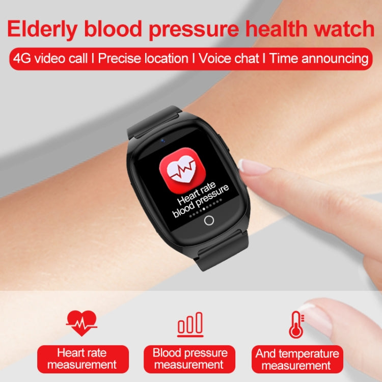 Black smart watch displaying heart rate, blood pressure, and temperature icons