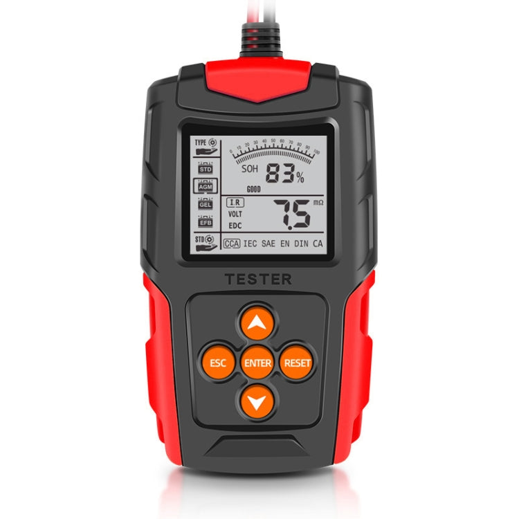 FOXSUR car battery tester with LCD display reading 83% SOC and control buttons