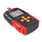 Portable car battery tester with attached lead clamps and orange and red control buttons