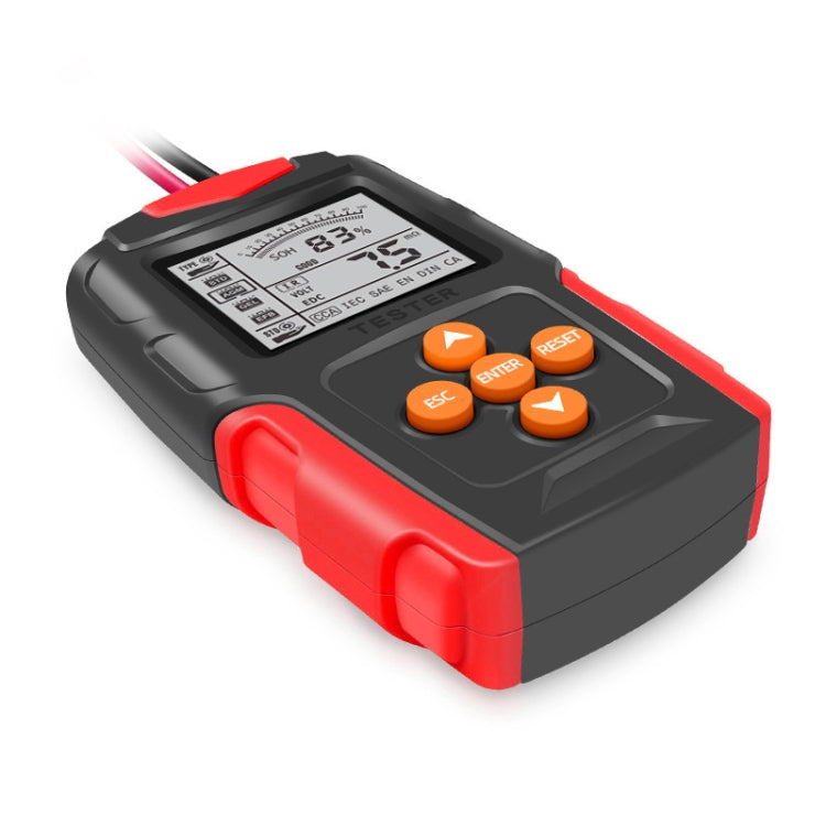 Portable car battery tester with attached lead clamps and orange and red control buttons