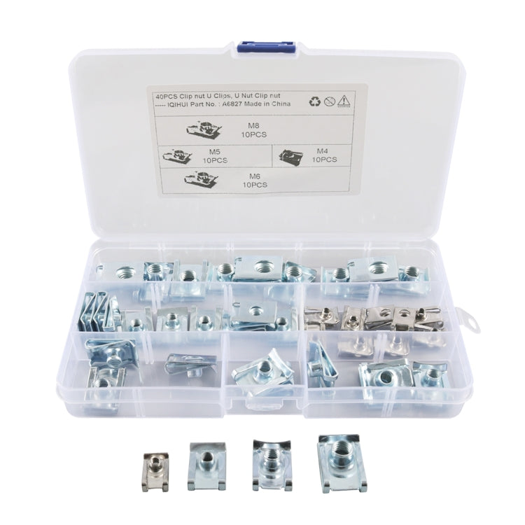Clip nut assortment in clear organizer box, galvanized B-shaped nuts with threaded inserts