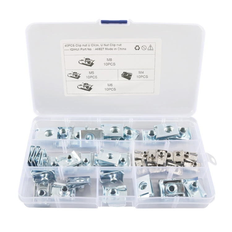 B-shaped clip nut assortment in open organizer tray, galvanized nuts with threaded inserts