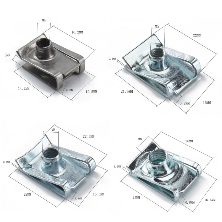 Galvanized clip nut with threaded insert shown with size dimensions in multiple views