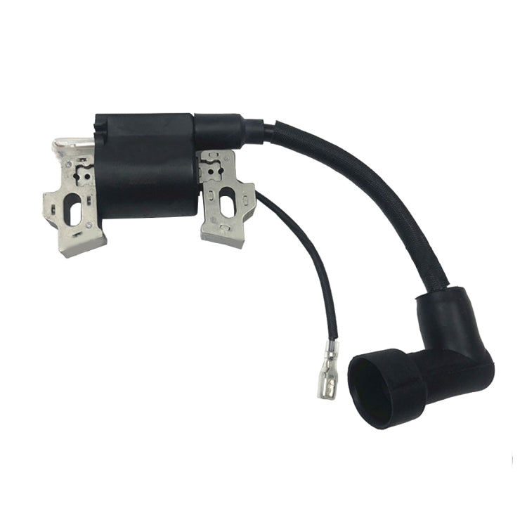 Lawn mower ignition coil with black cable, mounting brackets, and spark plug lead boot