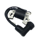 Lawn mower ignition coil with black wiring, metal mounting plates, and spark lead boot