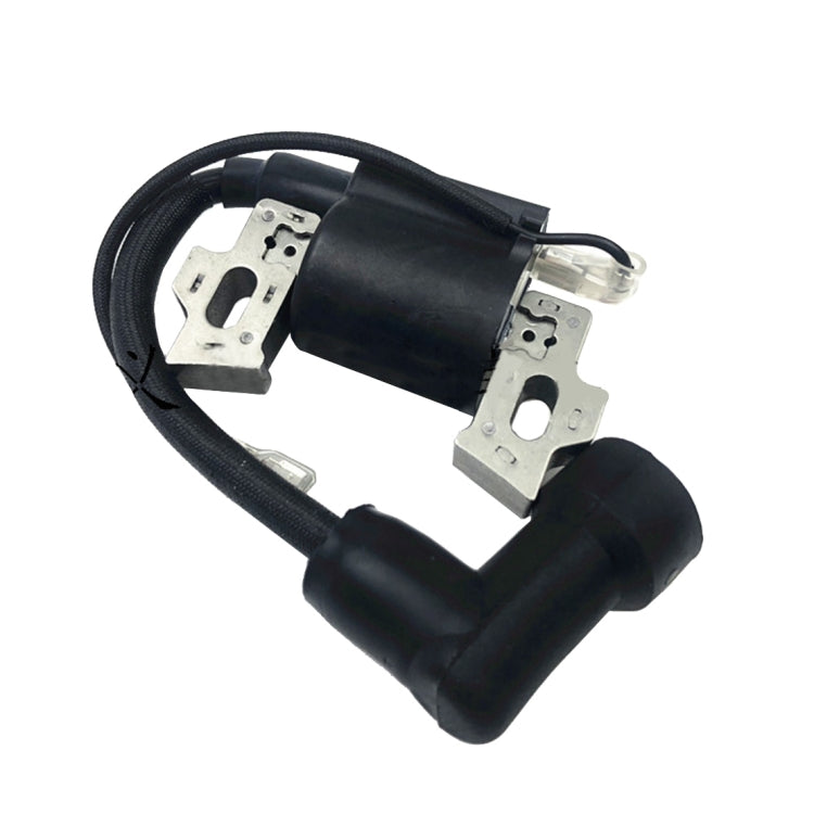 Lawn mower ignition coil with black wiring, metal mounting plates, and spark lead boot