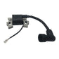 Lawn mower ignition coil with black cable, metal brackets, and spark plug boot