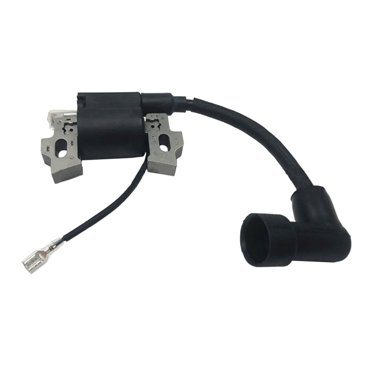 Lawn mower ignition coil with black cable, metal brackets, and spark plug boot