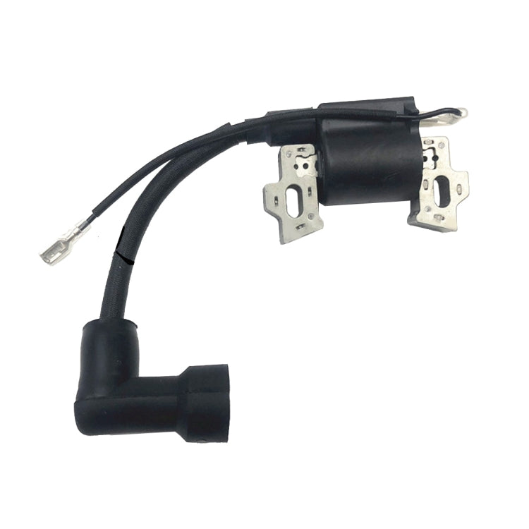 Lawn mower ignition coil with black cable, metal mounting plates, and metal wire connector