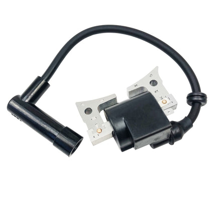 Ignition coil module with spark plug wire, black boot, and metal mounting brackets
