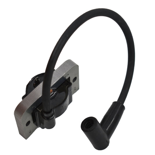 Lawn mower ignition coil assembly with metal bracket and black spark plug wire