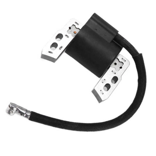 Ignition coil assembly with two mounting plates, black coil, and braided wire