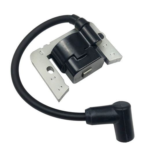 Lawn mower high-pressure ignition coil with black wire boot and silver mounting bracket