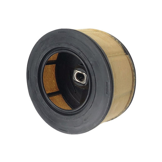 Chainsaw air filter with black rubber housing and tan filter element, metal center nut