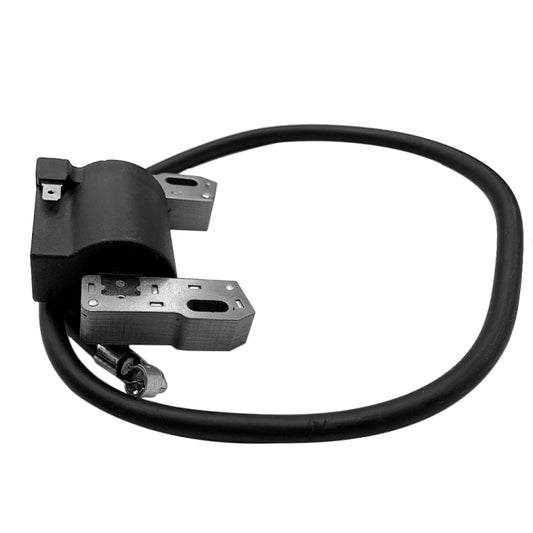 Ignition coil with black housing, metal mounting plate, and attached wire harness