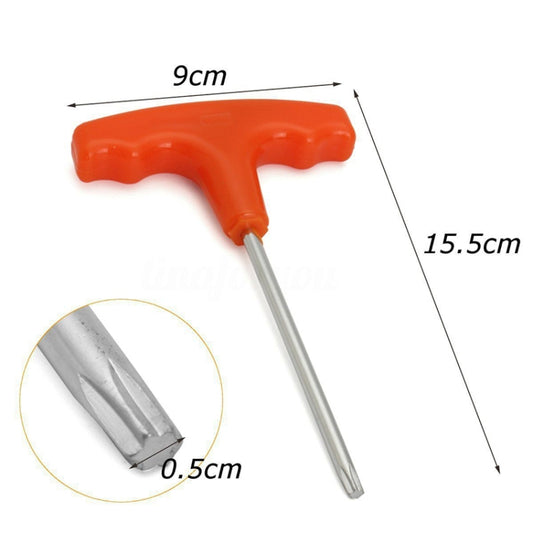 Orange T-handle Torx T27 screwdriver, 15.5 cm overall length, 9 cm handle