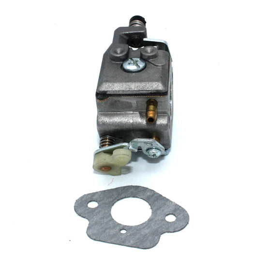 Chainsaw carburetor with paper gasket, top and side fittings visible