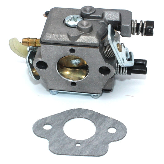 Chainsaw carburetor with metal body and paper gasket, side view with fuel line fittings
