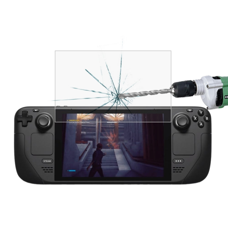Tempered glass screen protector for a handheld game console, cut to fit the display