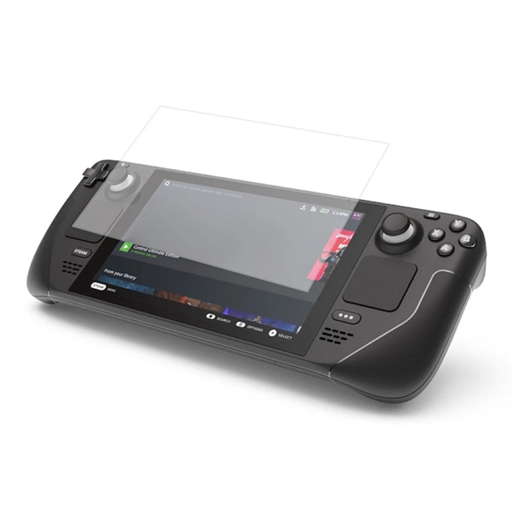 Tempered glass film installed on a handheld game console screen, controls visible