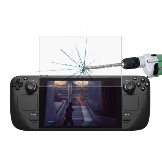 Tempered glass screen protector for a handheld game console, cut to fit the display
