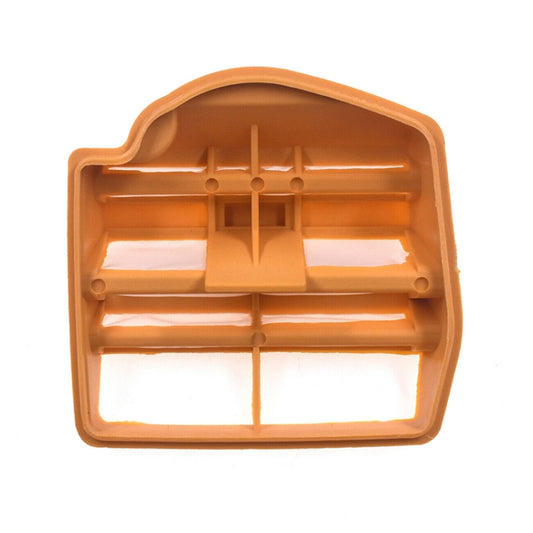 Chainsaw air filter element with orange frame and white filter media, front view.