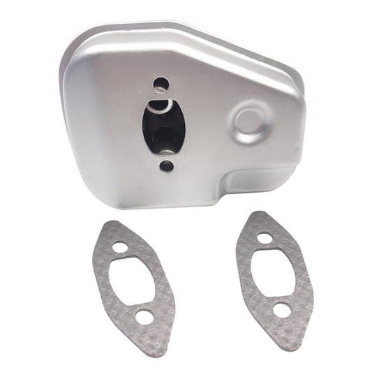 Chainsaw exhaust muffler cover with two gray gasket seals and vent holes